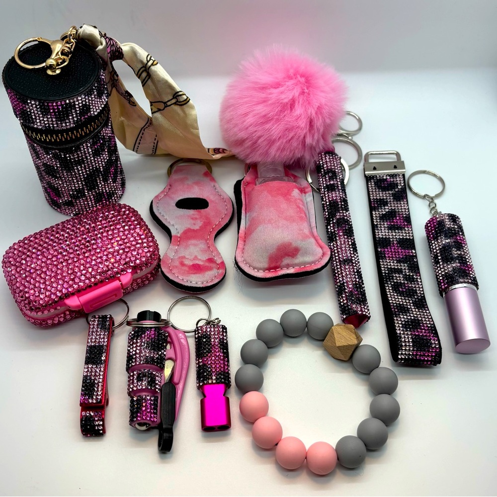 13 Piece Set Pink Leopard Rhinestone Safety Keychain Self Defense